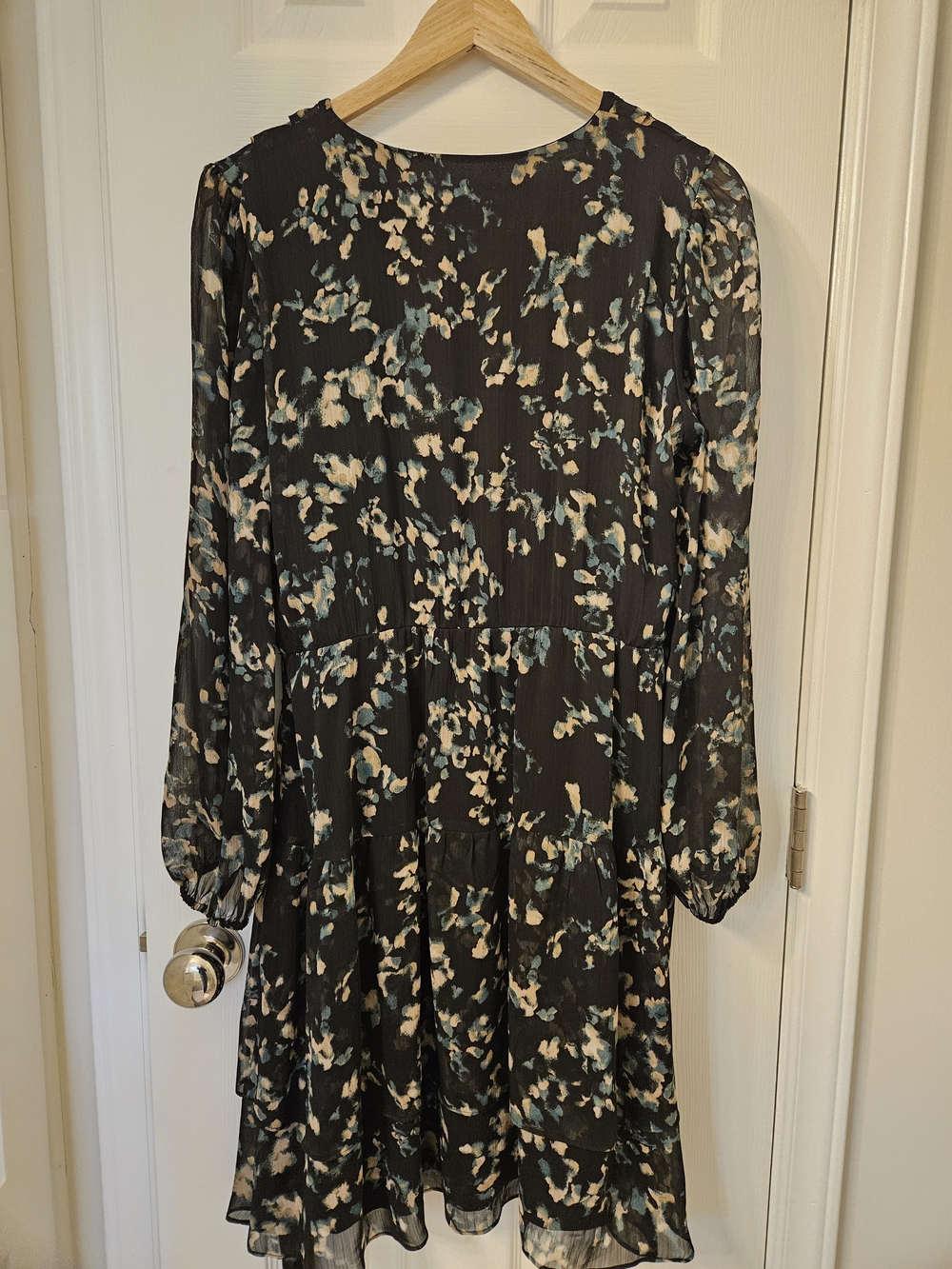 DKNY Black Floral Long-Sleeve Tiered Dress with Blue and Cream Accents